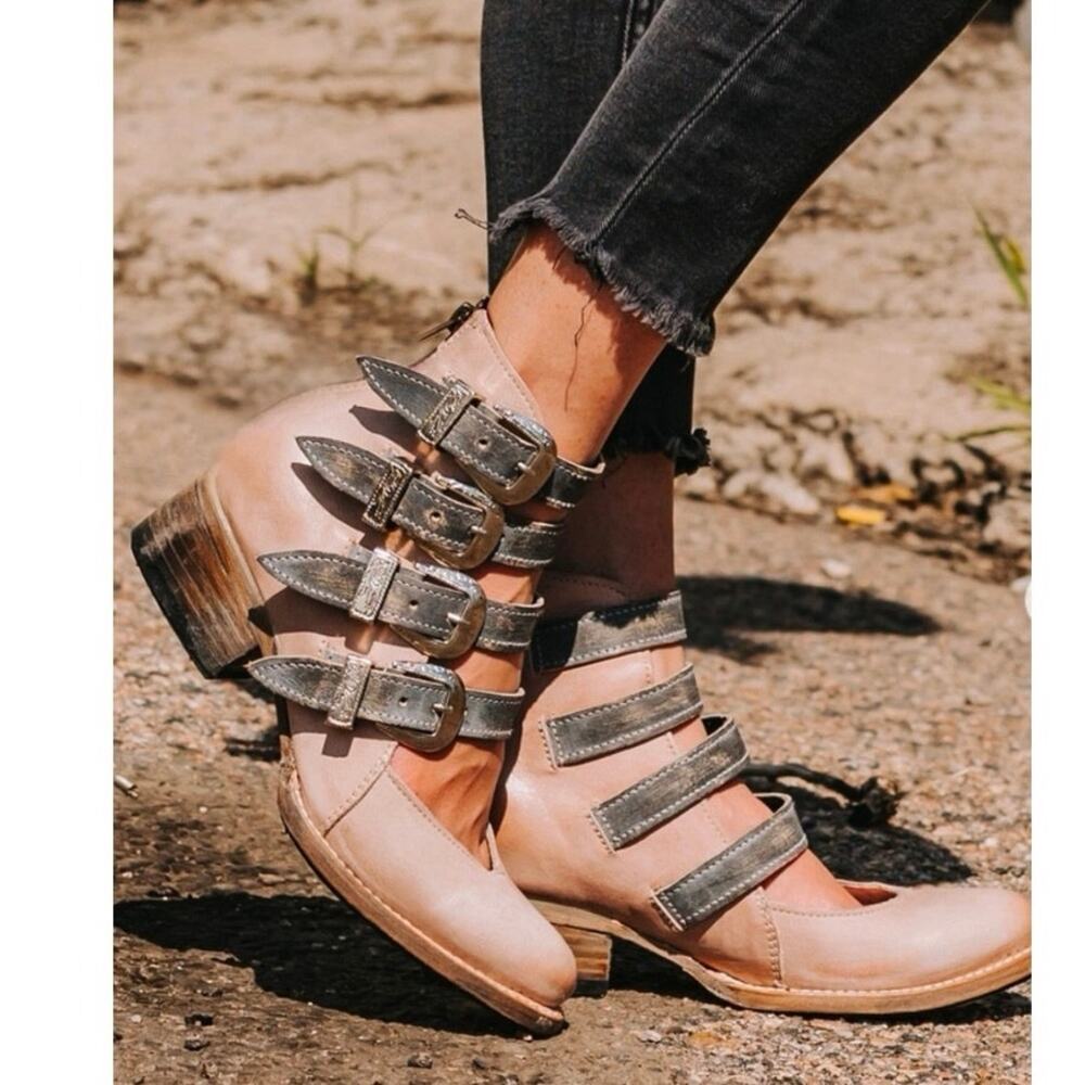 FREEBIRD by Steven Pink Blush Scarlett Grey Leather Strap Booties size 10